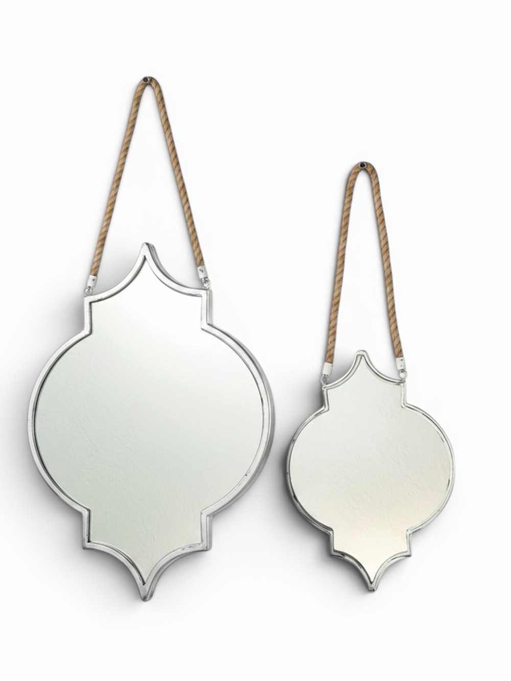 EUC (2) Hanging Medallion Mirrors Distressed White Frames Rope Handles